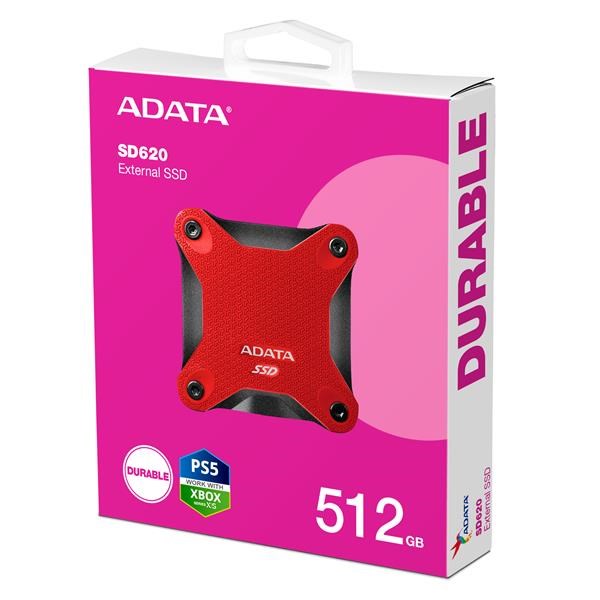 ADATA Externí SSD 512GB SD620, USB Micro-B, USB 3.2 Gen 2, R:520/W:460MB/s, červená