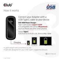 Club3D cestovní nabíječka 100W GAN technologie, USB-IF TID certified, USB Type-C, Power Delivery(PD) 3.0 Support