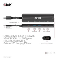 Club3D hub USB-C, 6-in-1 Hub s HDMI 8K30Hz, 2xUSB Type-A, RJ45 a 2xUSB Type-C, Data a PD nabíjení 100W