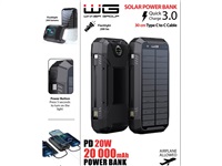 WG - Power Bank 20000 mAh, solarní panel + bezdrátové nabíjení 15W + svítilna + kompas, USB-C PD 20W, černá