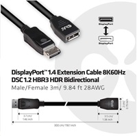 Club3D Kabel prodlužovací DisplayPort 1.4 8K 60Hz DSC 1.2 HBR3 HDR Bidirectional (M/F), 3m