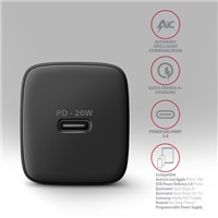 AXAGON ACU-PD20, nabíječka do sítě 20W, 1x port USB-C, PD3.0/PPS/QC4+/AFC/Apple, černá