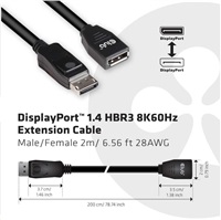 Club3D Kabel prodlužovací DisplayPort 1.4 HBR3 8K60Hz (M/F), 2m, 28 AWG