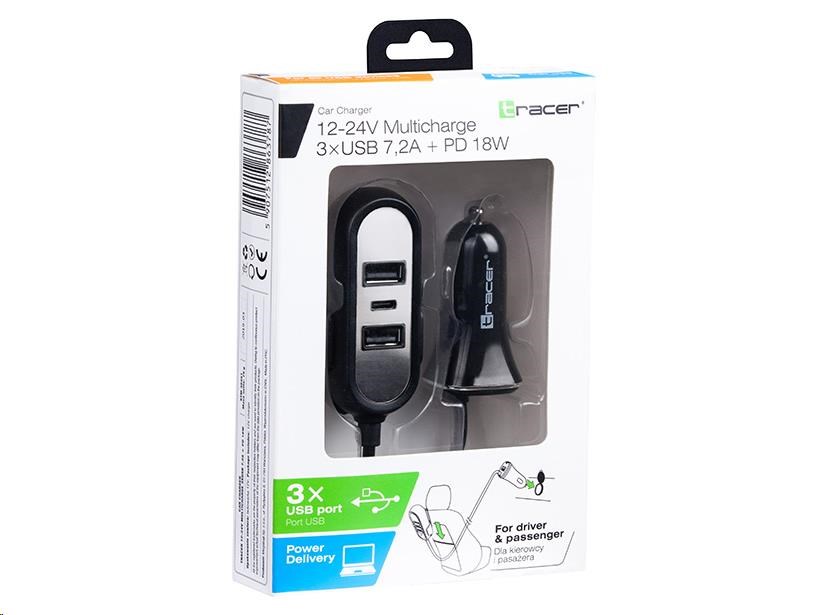 TRACER nabíječka do auta 12-24V Multicharge 3xUSB 7,2A + PD 18W