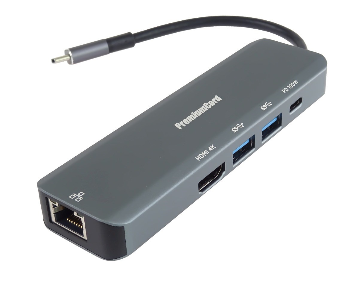 PREMIUMCORD Adaptér USB-C na Gigabit 10/100/1000Mbps + 1x HDMI, 2x USB3.2, 1x PD 100W konektor, Šedá