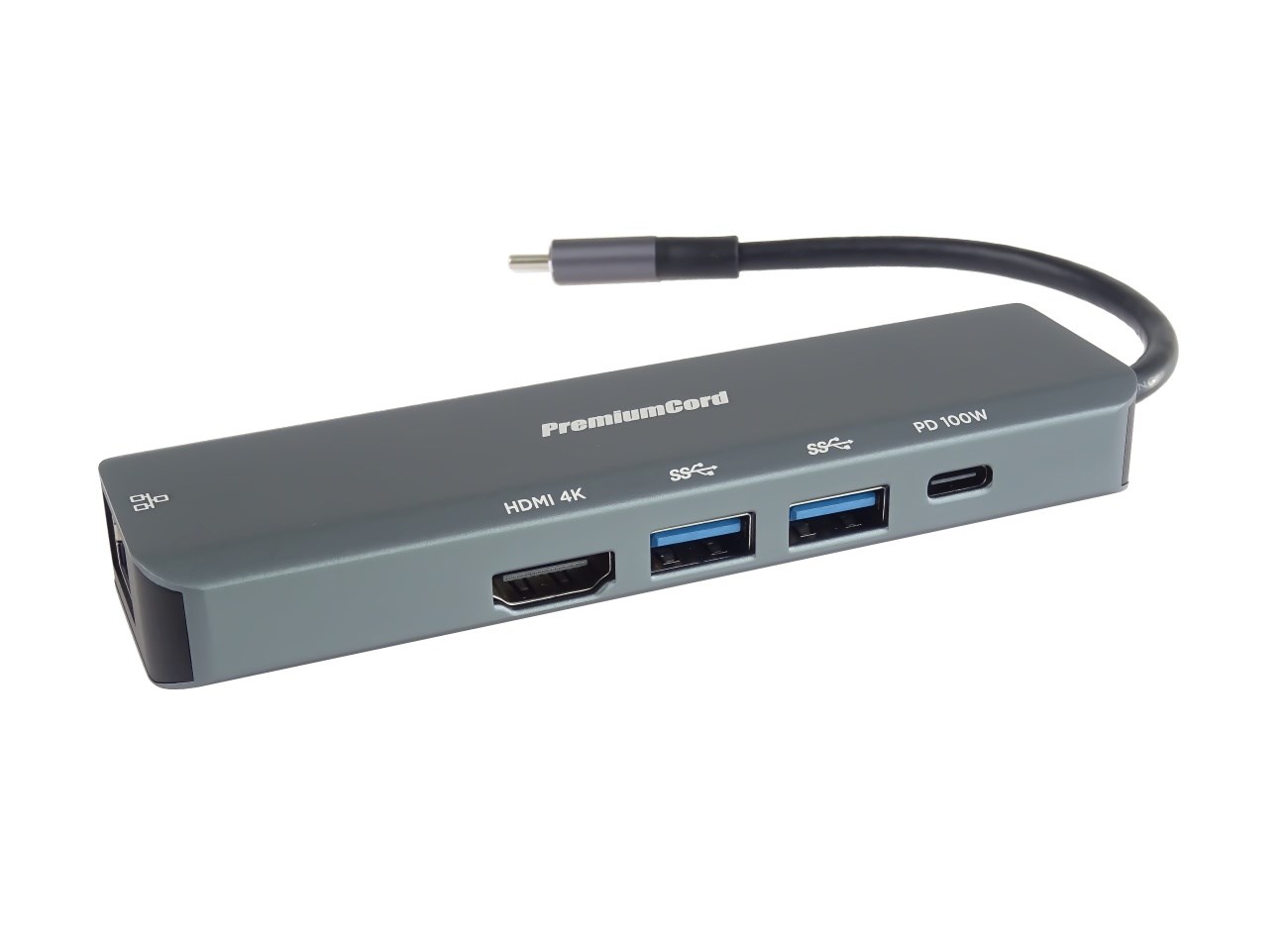 PREMIUMCORD Adaptér USB-C na Gigabit 10/100/1000Mbps + 1x HDMI, 2x USB3.2, 1x PD 100W konektor, Šedá