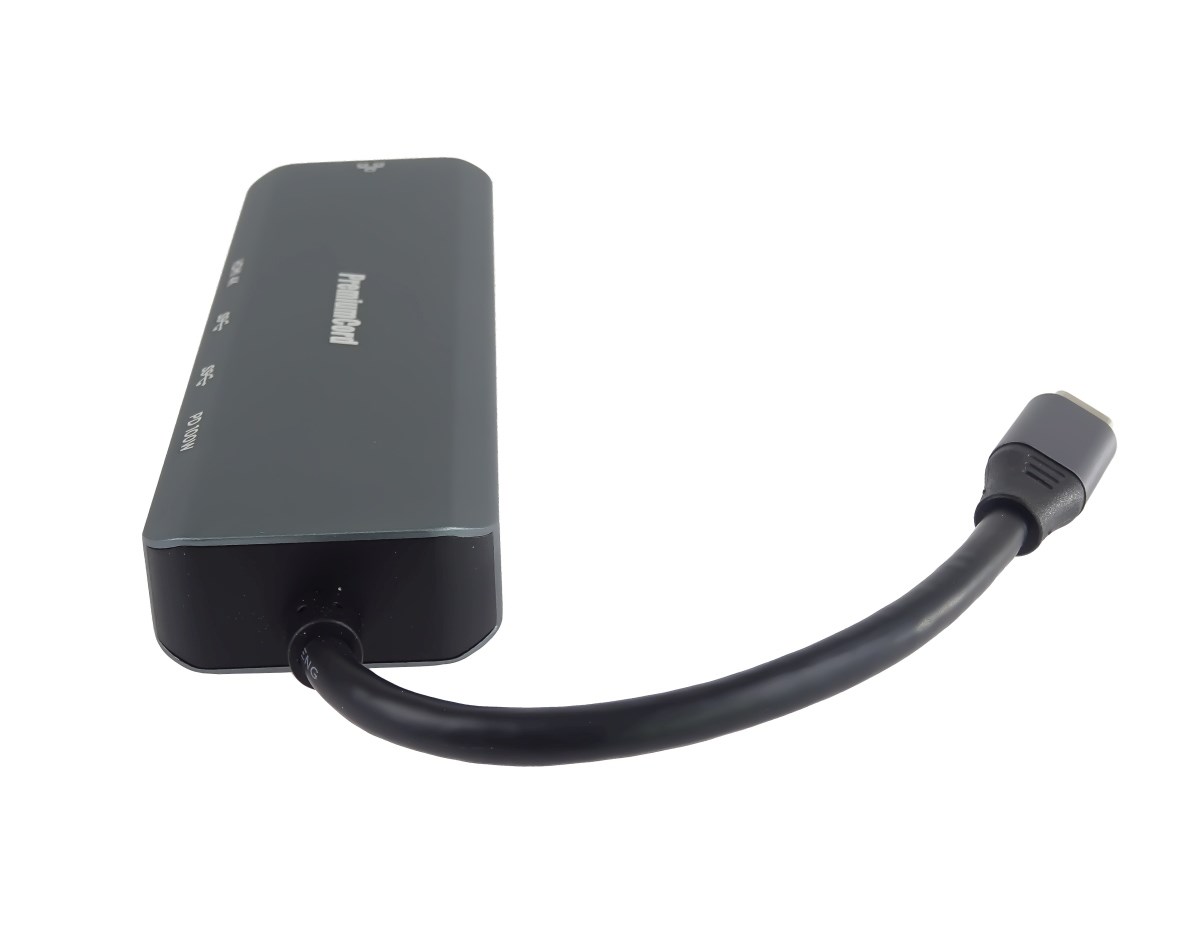 PREMIUMCORD Adaptér USB-C na Gigabit 10/100/1000Mbps + 1x HDMI, 2x USB3.2, 1x PD 100W konektor, Šedá