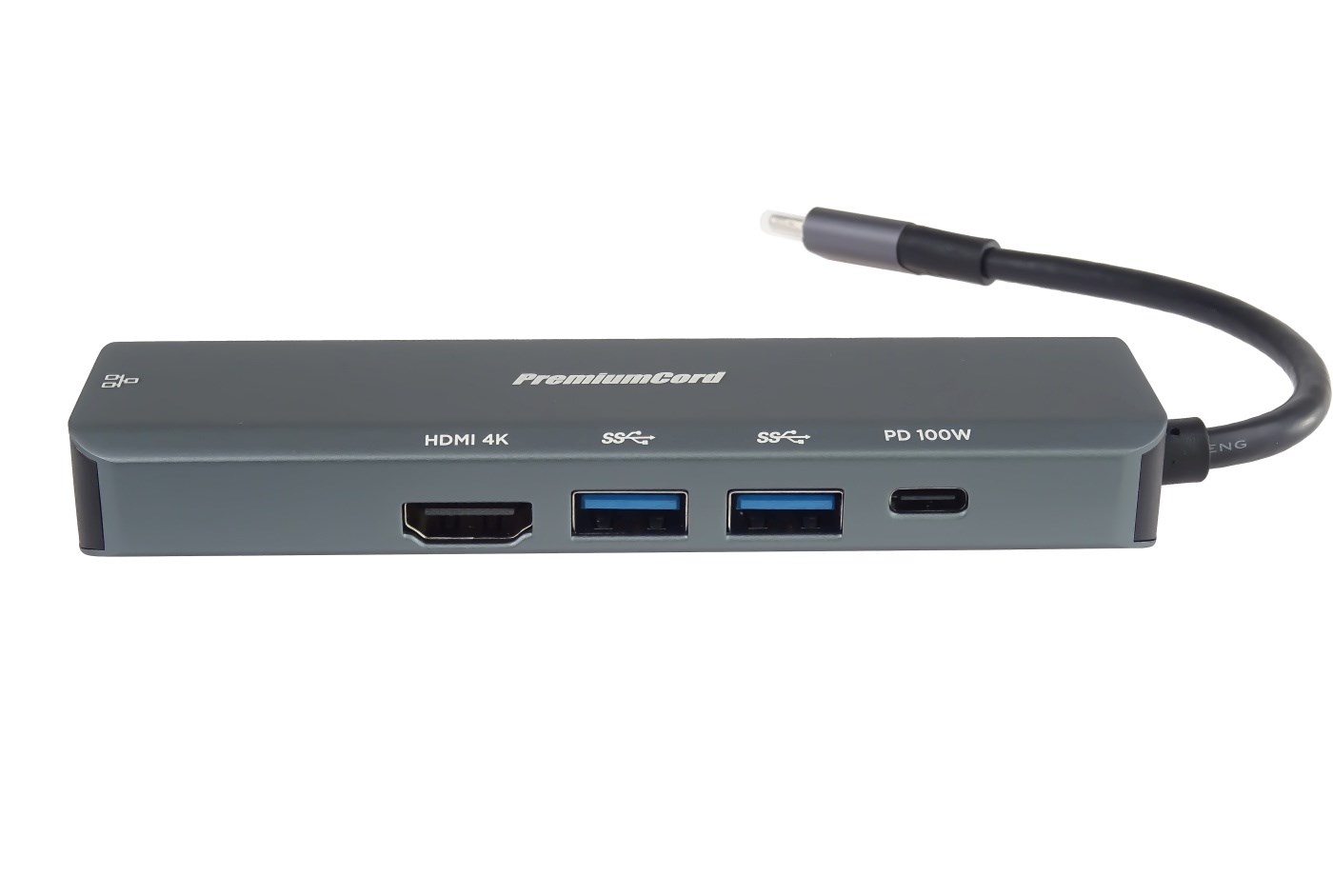 PREMIUMCORD Adaptér USB-C na Gigabit 10/100/1000Mbps + 1x HDMI, 2x USB3.2, 1x PD 100W konektor, Šedá