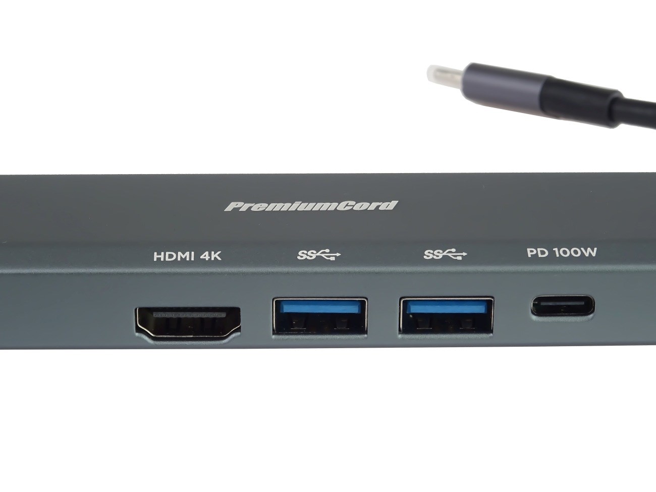 PREMIUMCORD Adaptér USB-C na Gigabit 10/100/1000Mbps + 1x HDMI, 2x USB3.2, 1x PD 100W konektor, Šedá