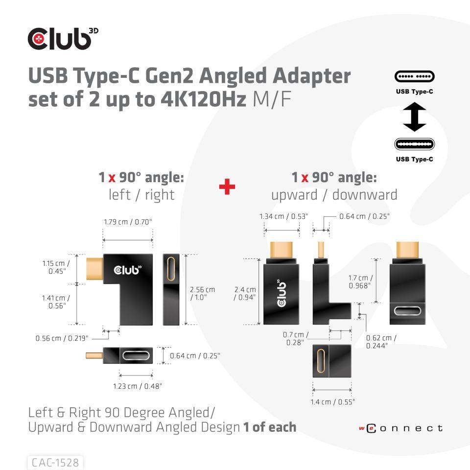 Club3D set adapterů USB-C Gen2 angled adapter set of 2, 4K120Hz, 240W, (M/F)