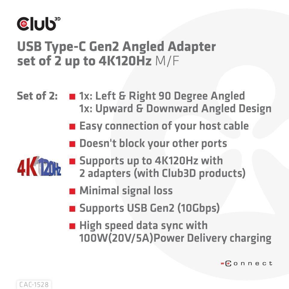 Club3D set adapterů USB-C Gen2 angled adapter set of 2, 4K120Hz, 240W, (M/F)