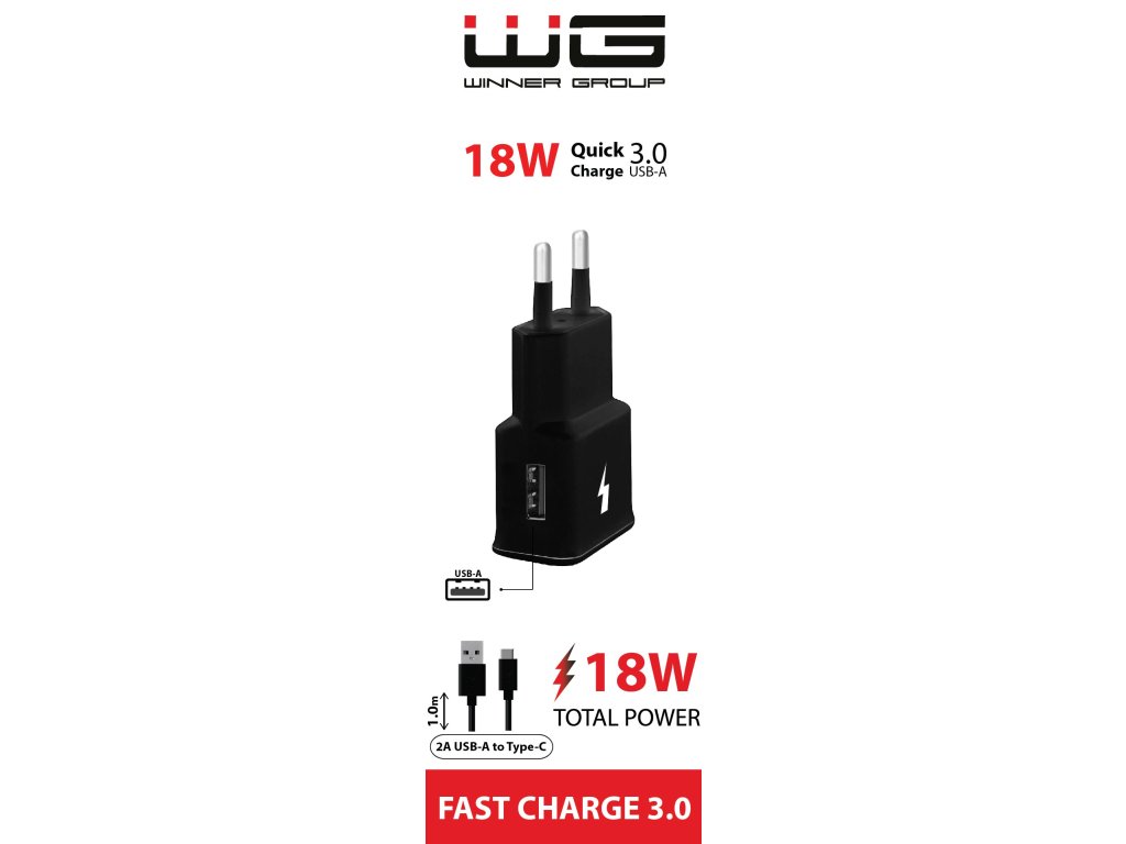 WG - Síťová nabíječka 1x USB-A, Quick Charge 3.0, 5V-9V-12V, + kabel USB-A na Type-C, černá