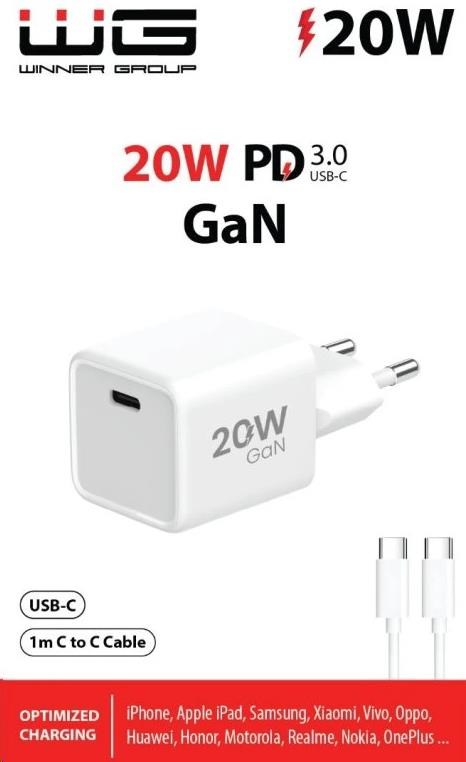 WG - Síťová nabíječka 1x USB-C PD 20W, 5V-9V-12V, kabel Type-C na Type-C, bílá