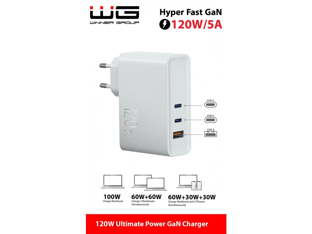 WG - Síťová nabíječka GaN 3x USB 120W, 1x USB-A + 2x USB-C, bílá