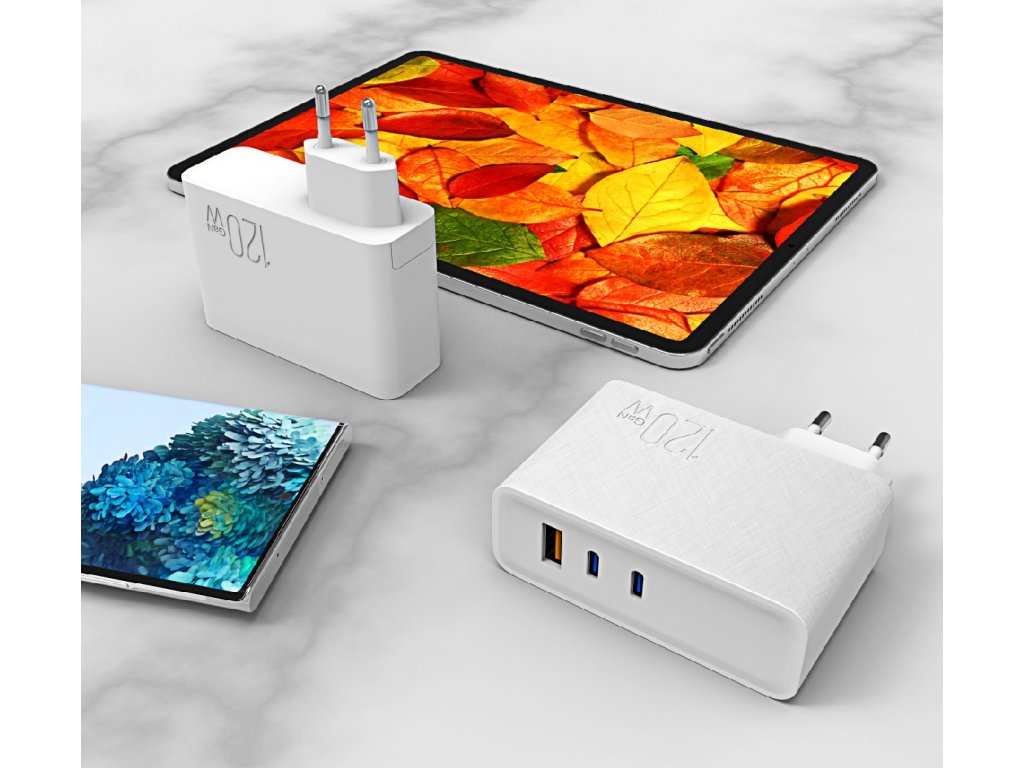 WG - Síťová nabíječka GaN 3x USB 120W, 1x USB-A + 2x USB-C, bílá