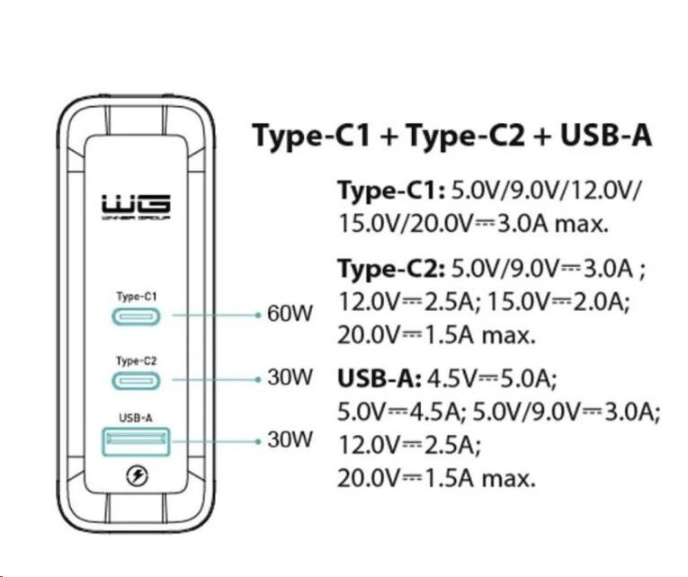 WG - Síťová nabíječka GaN 3x USB 120W, 1x USB-A + 2x USB-C, bílá