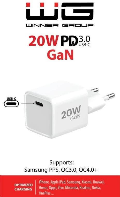 WG - Síťová nabíječka GaN 1x USB-C, PD 20W, 5V-9V-12V, bílá