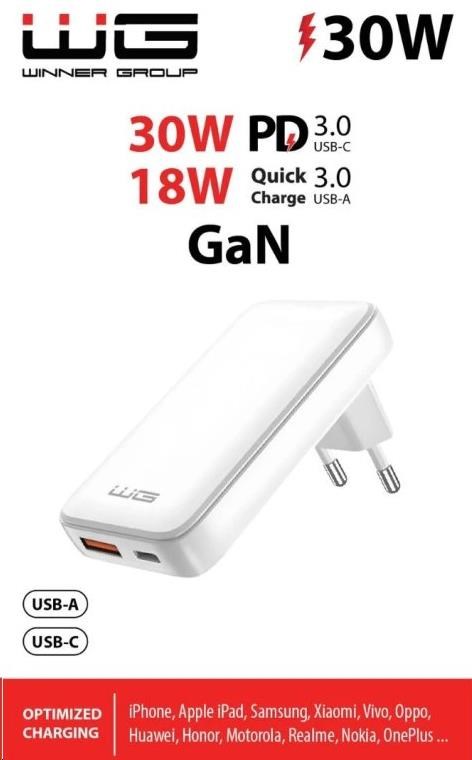 WG - Síťová nabíječka GaN 2x USB, 1x USB-C 30W + 1x USB-A 18W, white