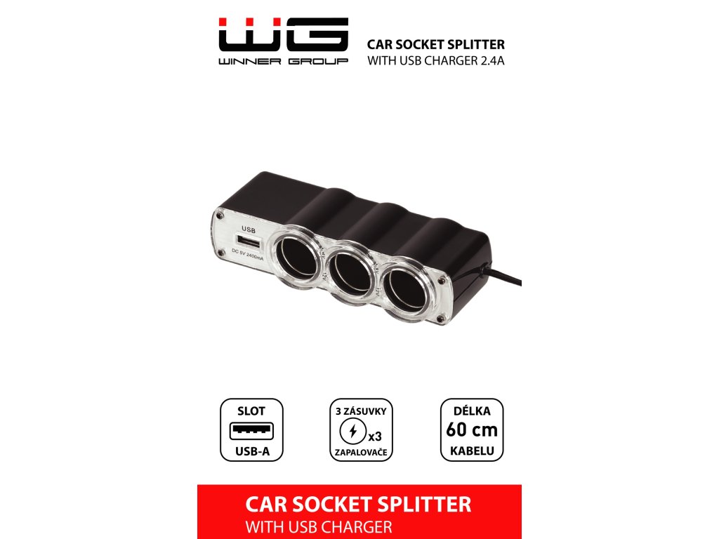 WG - Nabíječka do auta, rozbočovač, 3x zásuvka zapalovače 12V + 1x USB-A, s prodloužením