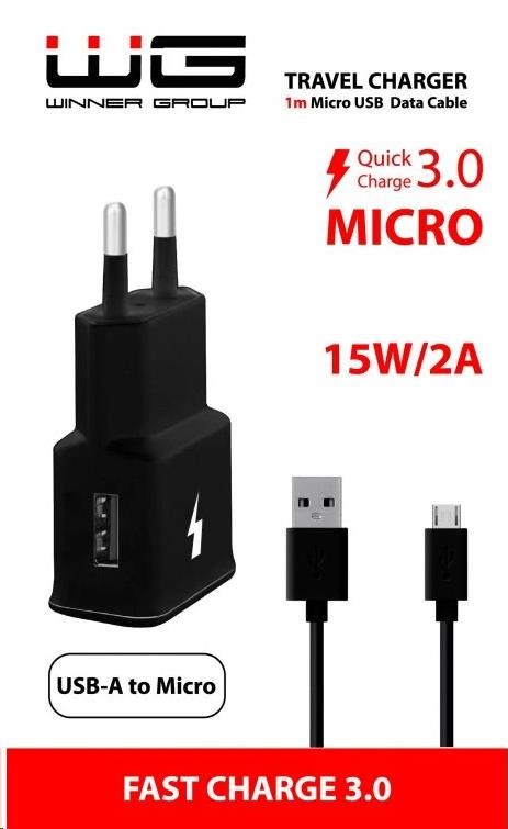 WG - Síťová nabíječka 1x USB-A, Quick Charge 3.0, 5V-9V-12V + kabel USB-A na Micro USB, black