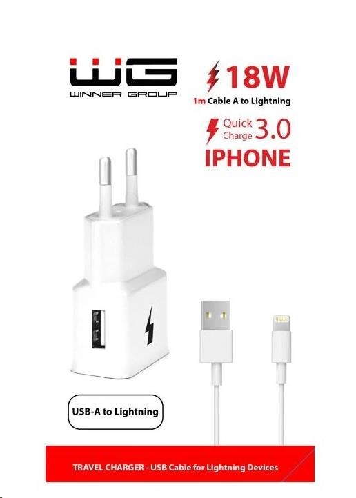 WG - Síťová nabíječka 1x USB-A, Quick Charge 3.0, 5V-9V-12V, kabel USB-A na Lightning, bílá