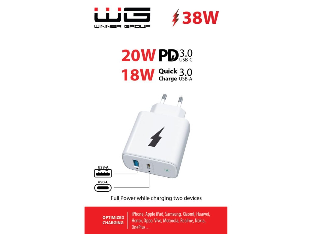 WG - Síťová nabíječka 2x USB 38W, 1x USB-C PD 20W + 1x USB-A QC 3.0 18W, bílá