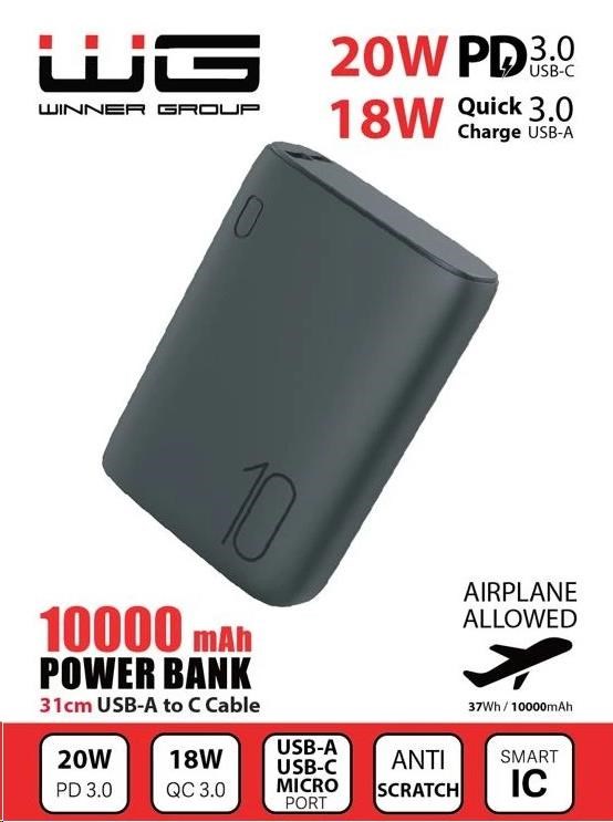 WG - Power Bank 10000 mAh, QC 3.0 a PD output+input, ultra malá, černá