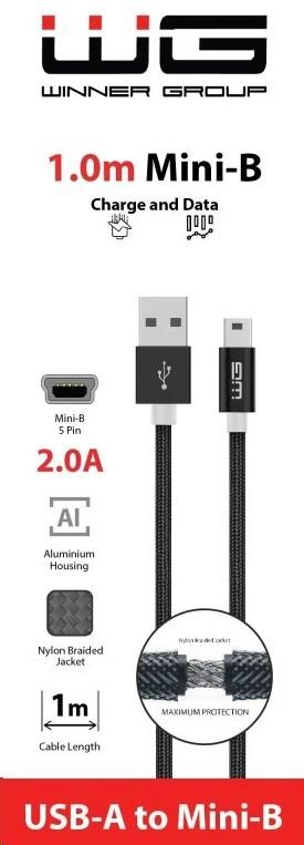 WG - Datový kabel USB Mini-B (5 pins)-USB-A / 1m / nylon braided / black