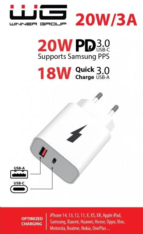 WG - Síťová nabíječka 2x USB, 1x USB-C PD 20W + 1x USB-A QC 3.0 18W, bílá