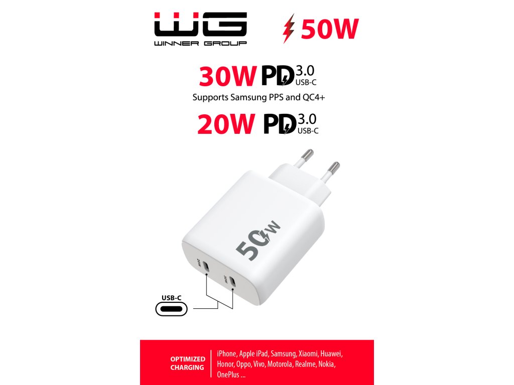 WG - Síťová nabíječka 2x USB-C 50W, 1x USB-C PD 30W + 1x USB-C PD 20W, bílá