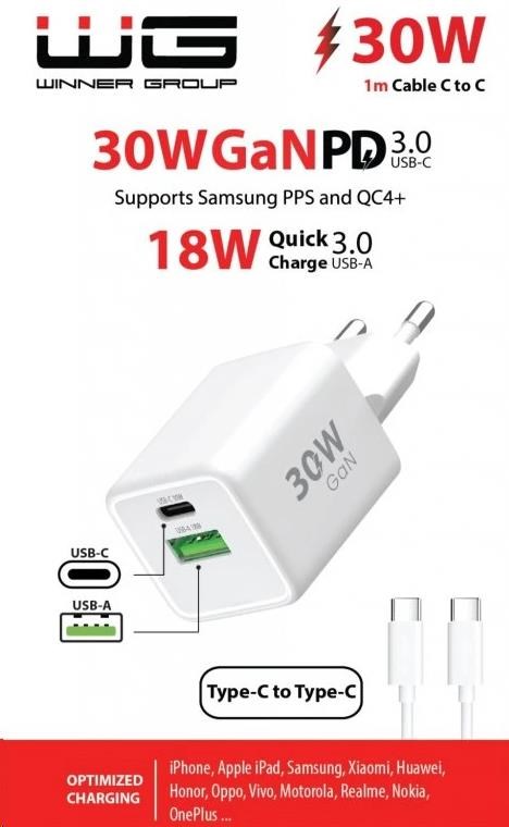 WG - Síťová nabíječka GaN 2x USB 30W, 1x USB-C PD3.0 PPS QC4 30W + USB-A 18W, kabel Type-C na Type-C, bílá