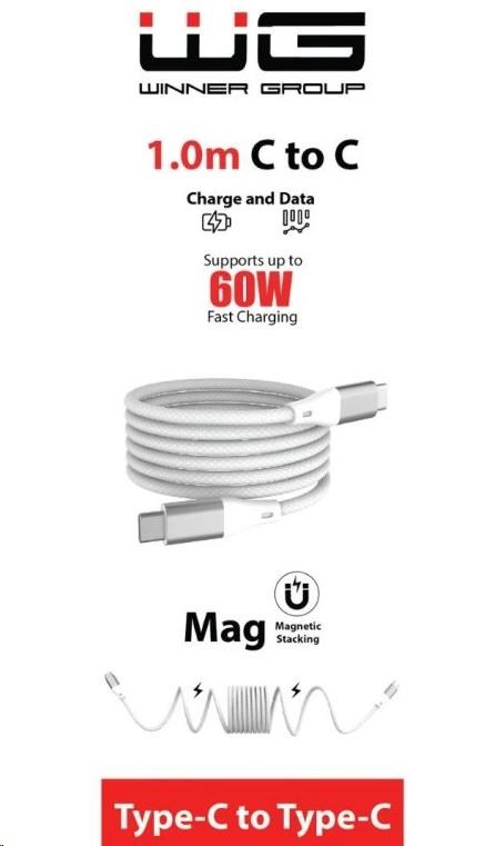 WG - Datový kabel Type-C na Type-C, 1 metr, 3A, 60W, magnetický samonavíjecí, bílá