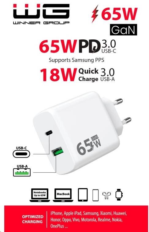 WG - Síťová nabíječka GaN 2x USB 65W, 1x USB-C PD 65W + 1x USB-A QC3.0 18W, white