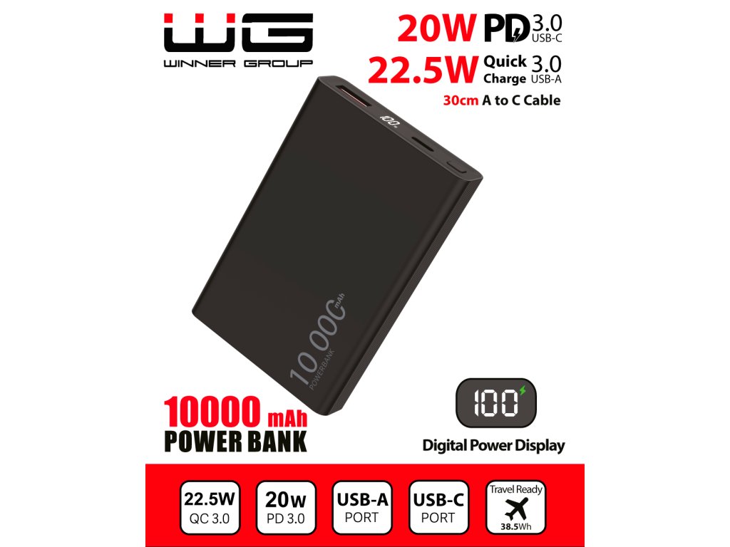 WG - Power Bank 10000 mAh, USB-C PD 20W + USB-A 22.5W, černá