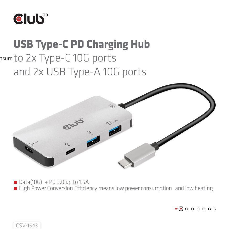 Club3D hub USB-C Gen2 PD na 2x USB-C 10G porty a 2x USB-A 10G porty