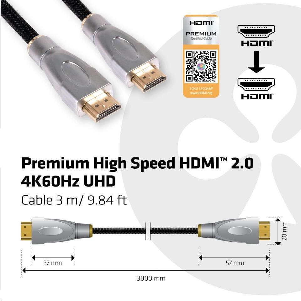 Club3D Kabel Certifikovaný HDMI Premium High Speed, HDMI 2.0 4K60Hz UHD, 3m