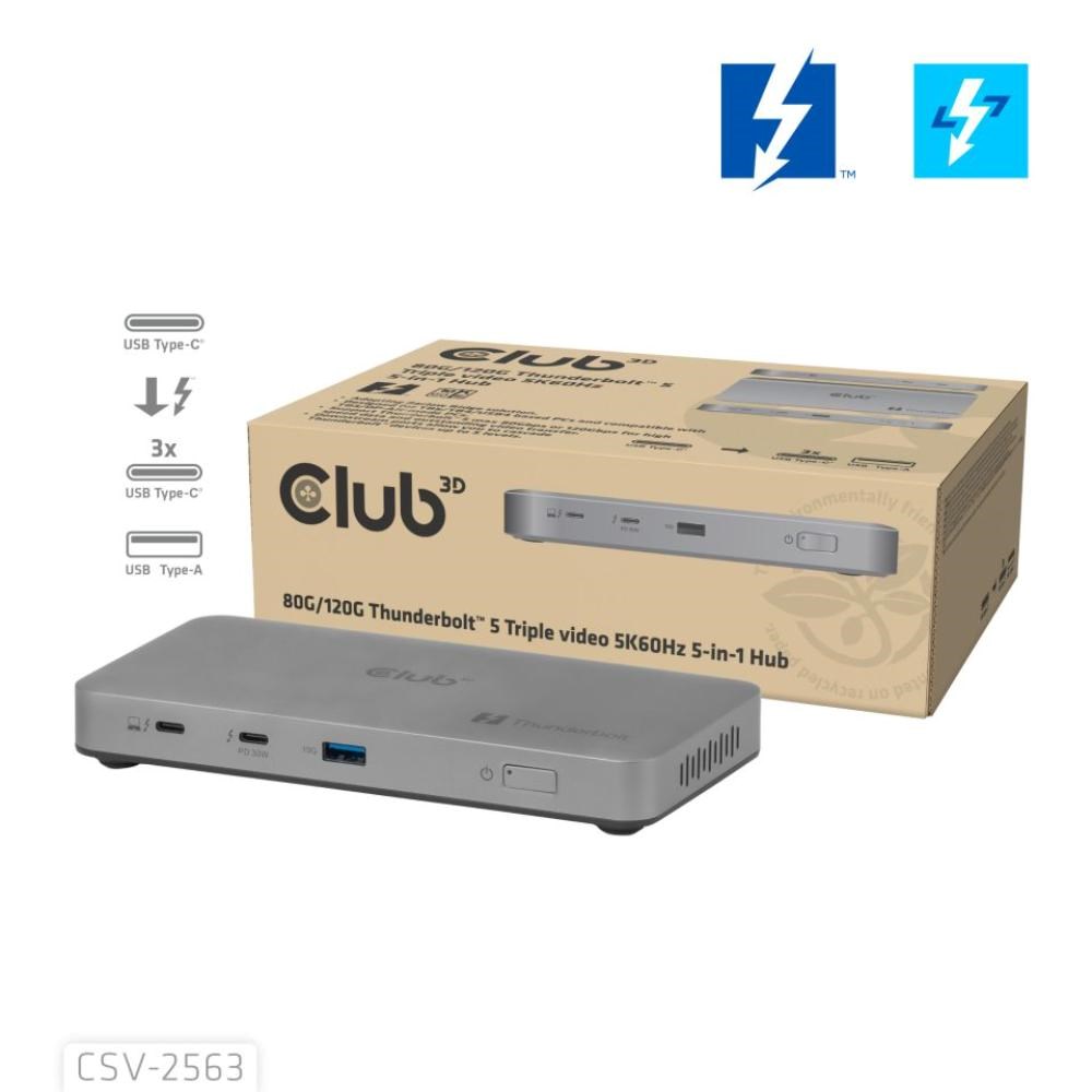 Club3D hub Thunderbolt 5 5v1, 3x USB-C TB5, 1x USB-A, 1x8K60Hz, 3x 5K60Hz, certifikace Thunderbolt Share, 180W