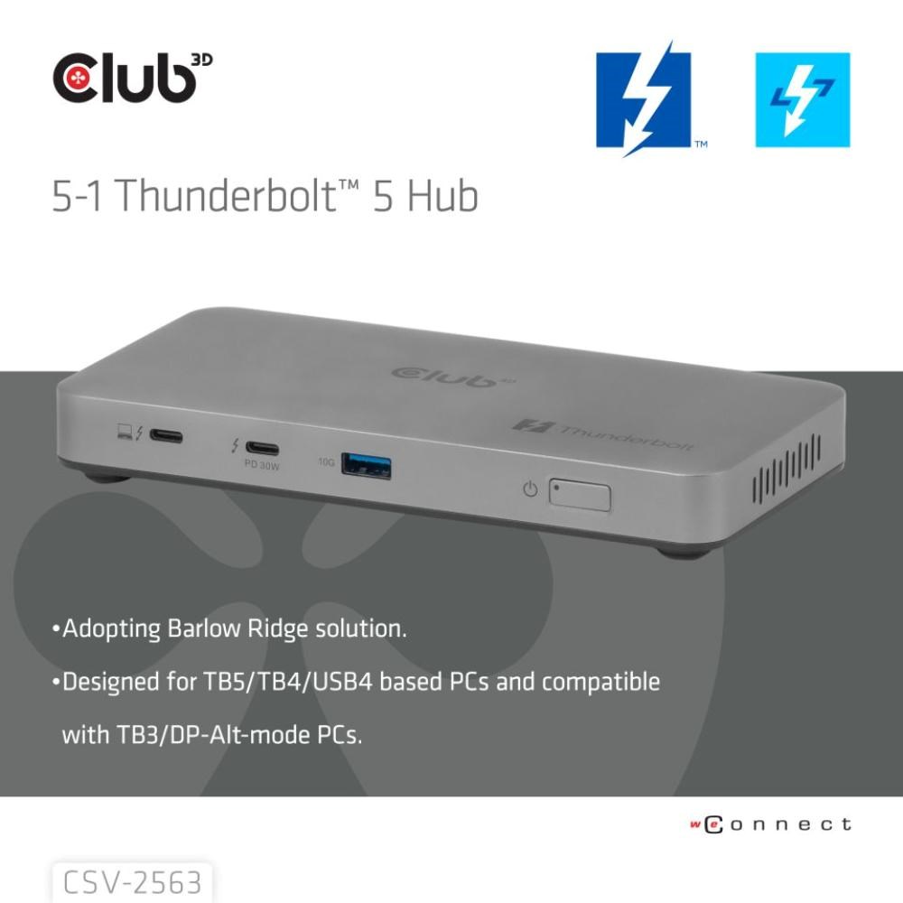 Club3D hub Thunderbolt 5 5v1, 3x USB-C TB5, 1x USB-A, 1x8K60Hz, 3x 5K60Hz, certifikace Thunderbolt Share, 180W