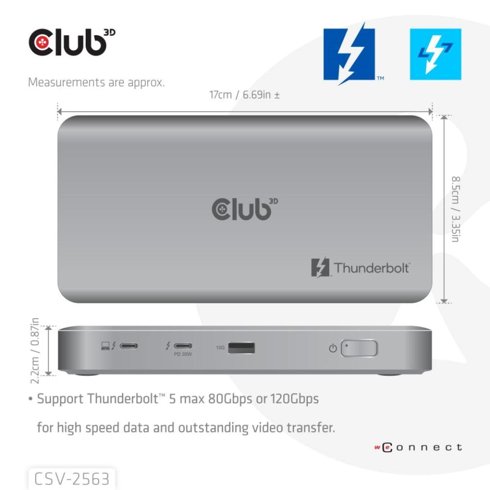 Club3D hub Thunderbolt 5 5v1, 3x USB-C TB5, 1x USB-A, 1x8K60Hz, 3x 5K60Hz, certifikace Thunderbolt Share, 180W