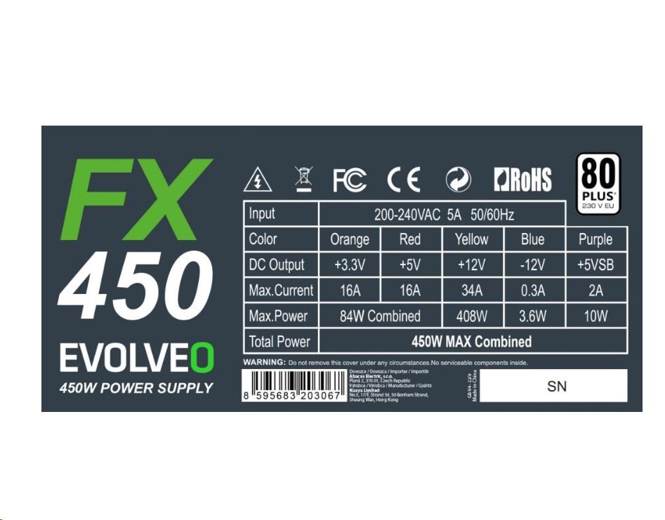 EVOLVEO FX 450, zdroj 450W ATX, 14cm, tichý, 80+, bulk, záruka 3 roky