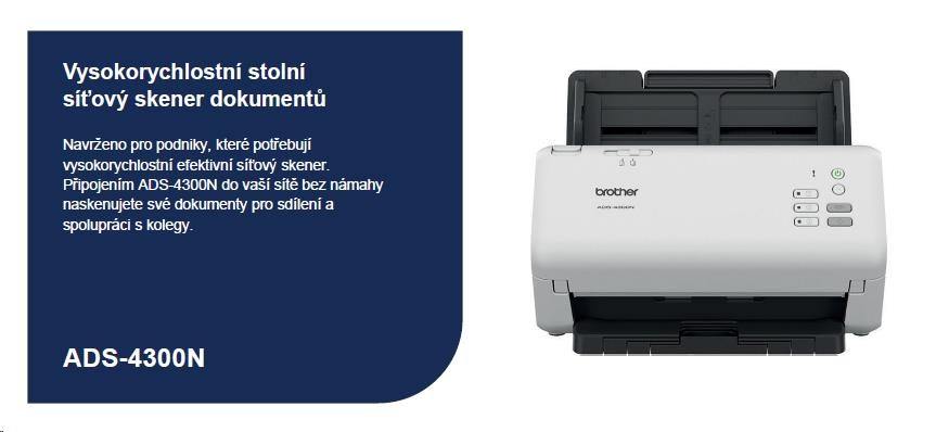 BROTHER skener ADS-4300N DUALSKEN A4 40ppm/80dual 600x600 60ADF USB LAN