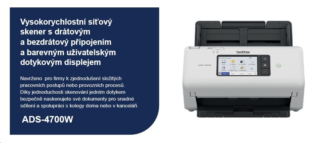 BROTHER skener ADS-4700W DUALSKEN A4 40pppm/80dual 600x600 60ADF USB LAN WIFI - display 10.5cm