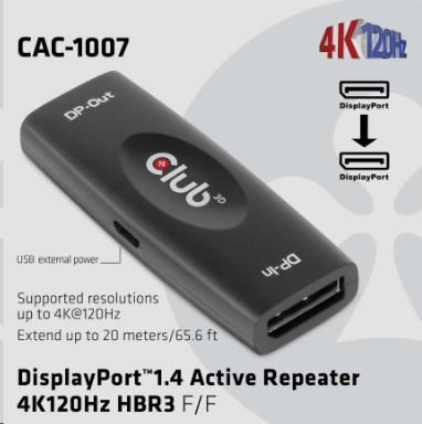 Club3D Adaptér aktivní DisplayPort 1.4 Repeater 4K120HZ HBR3 (F/F), černá