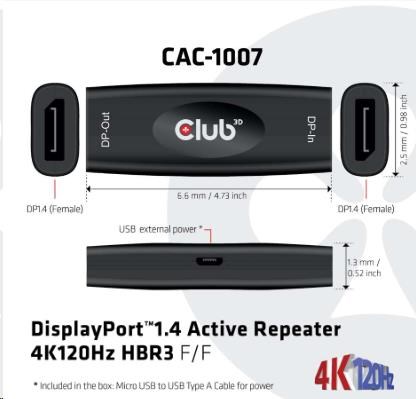 Club3D Adaptér aktivní DisplayPort 1.4 Repeater 4K120HZ HBR3 (F/F), černá