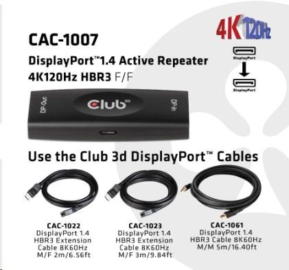 Club3D Adaptér aktivní DisplayPort 1.4 Repeater 4K120HZ HBR3 (F/F), černá