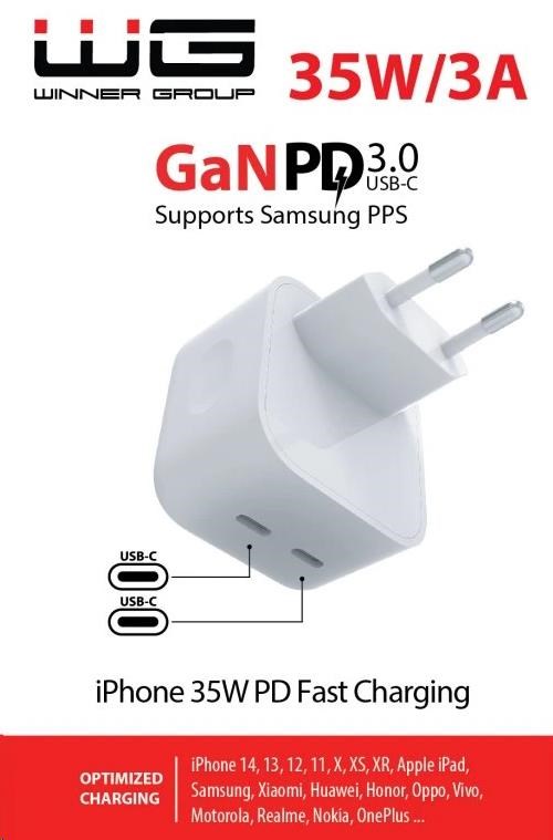 WG - Síťová nabíječka GaN 2x USB-C 35W, bílá