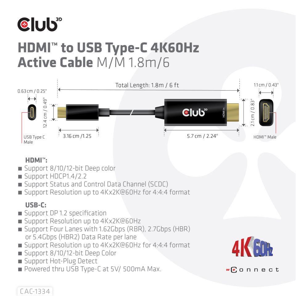 Club3D aktivní kabel HDMI na USB-C, 4K60Hz, 1.8m, M/M