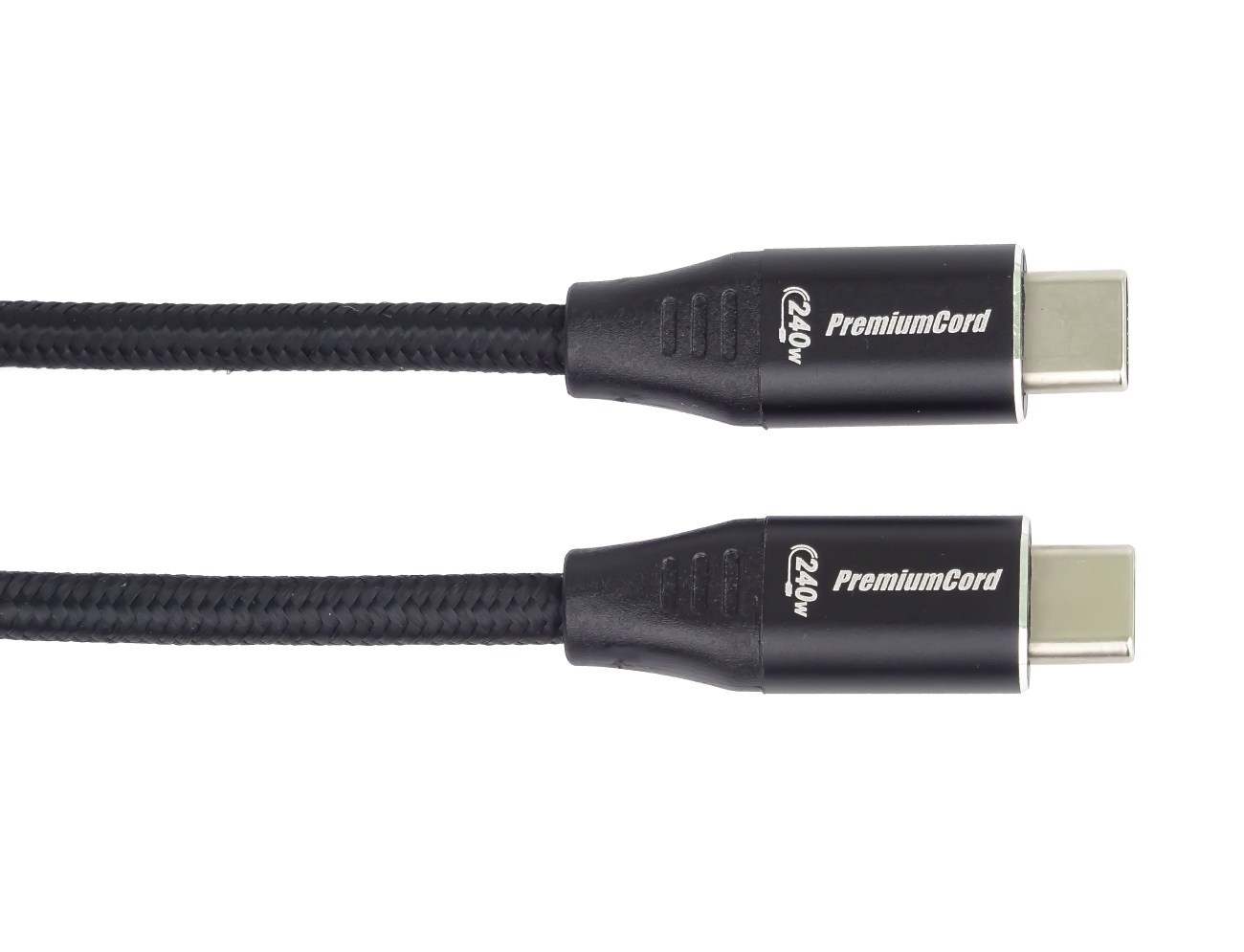 PREMIUMCORD Kabel USB-C M/M, 240W 480Mbps černý bavlněný oplet, 1,5m