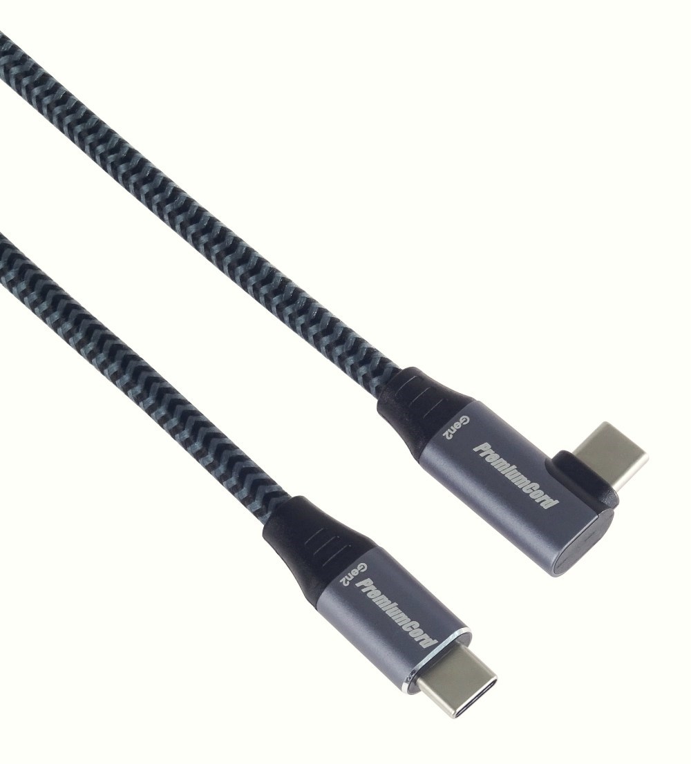 PREMIUMCORD USB-C zahnutý kabel (USB 3.2 Gen2x2, 5A, 100W, 20Gbit/s) 3m, Šedá
