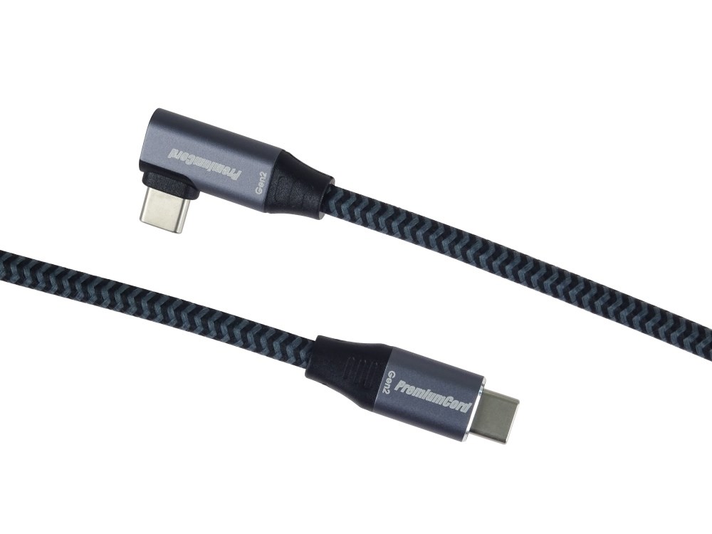 PREMIUMCORD USB-C zahnutý kabel (USB 3.2 Gen2x2, 5A, 100W, 20Gbit/s) 3m, Šedá